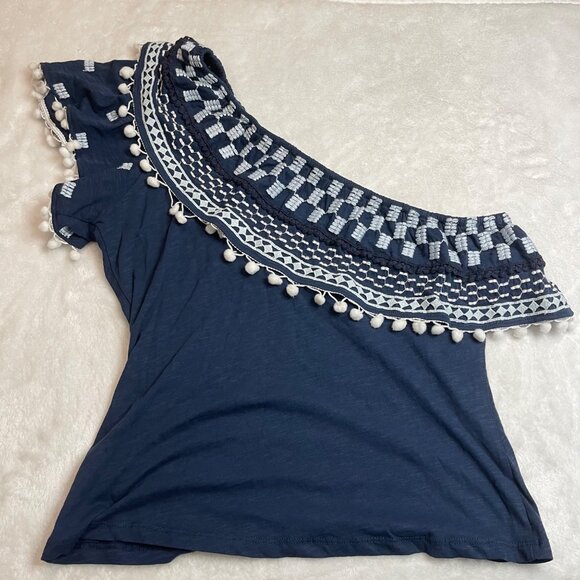 By Anthropologie Pom-Tassel One-Shoulder Top Women's Size Large Blue Cotton NEW - Picture 8 of 12